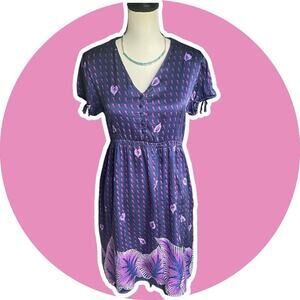 Bilingual Womens 100% Silk Purple Floral Print Dress Boho Short Sleeve 8 M